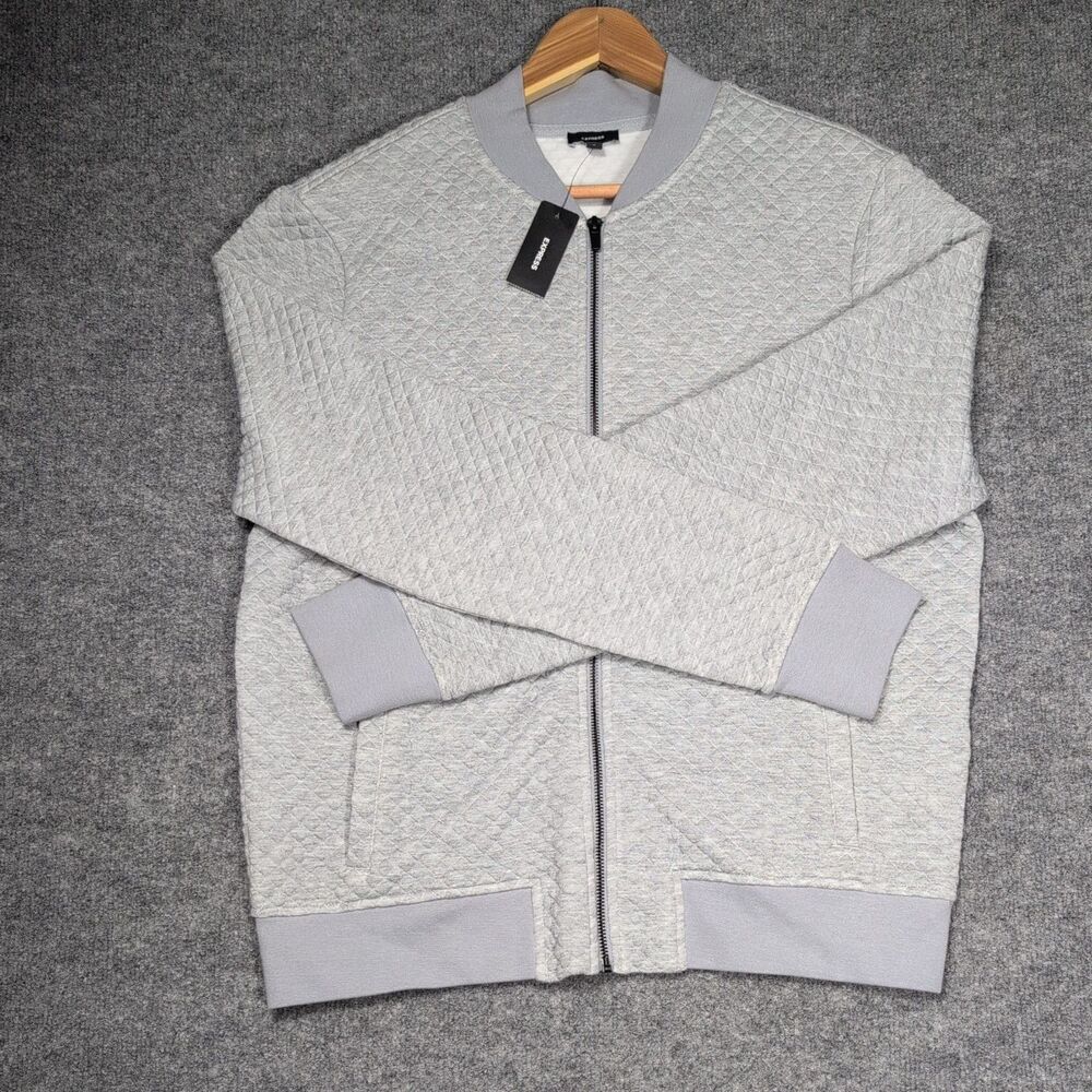Express Mens Gray Quilted Bomber Jacket Full Zip Pockets Size M NWT